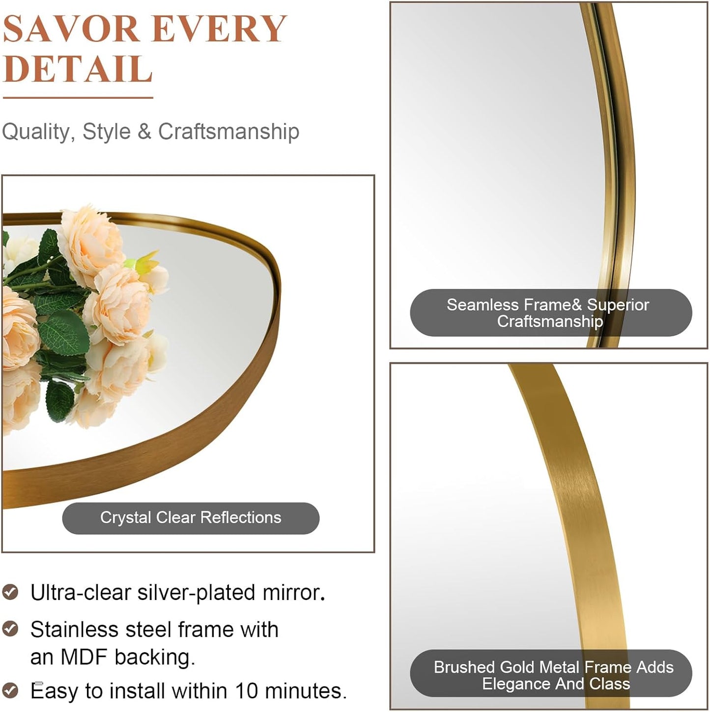 ANDY STAR 30"x48" Gold Wall Mirror，Brushed Brass Irregular Bathroom Mirror with Stainless Steel Metal Frame, Large Asymmetrical Mirror for Bathroom, Entryway (Horizontal/Vertical)