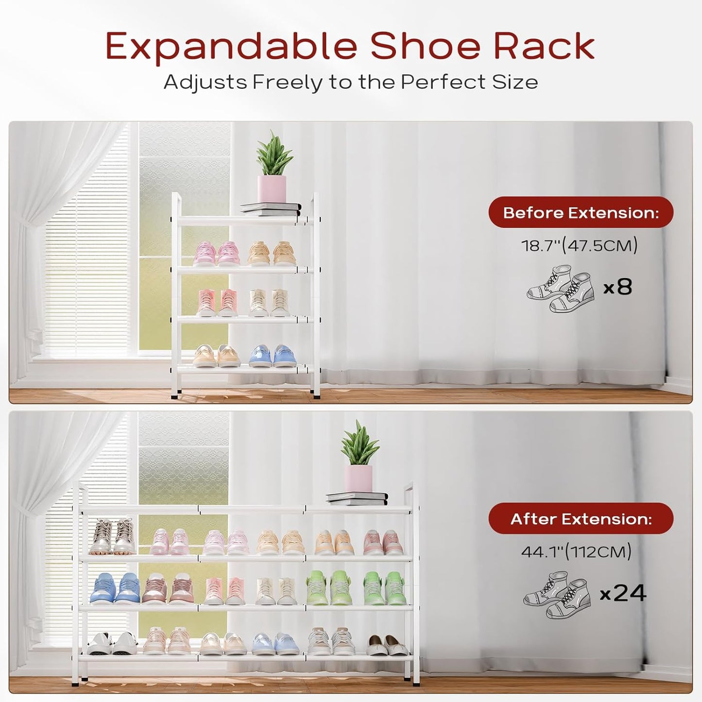 Bumusty 4-Tier Long Expandable Shoe Rack for Closet, 18"-44" Adjustable Shoe Rack for Entryway, 20-24 Pairs Large Shoe Organizer Shelf Storage, Sturdy Metal, White