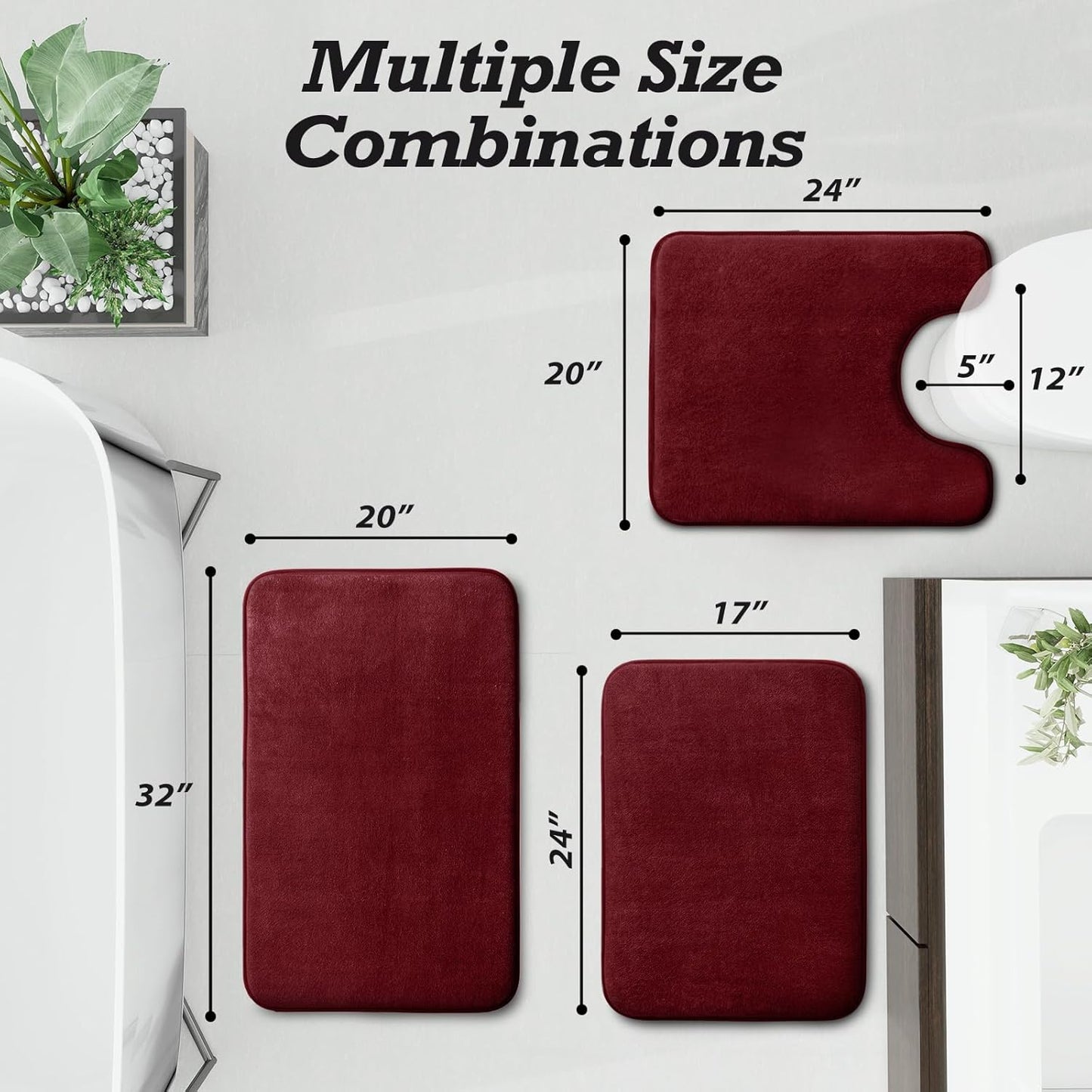 HUXMEYSON Bathroom Rugs Sets 3 Piece, Non-Slip & Quick Dry Bath Mat Set, Ultra Soft Velvet Bath Rugs for Bathroom, Toilet and Shower Floor, Red