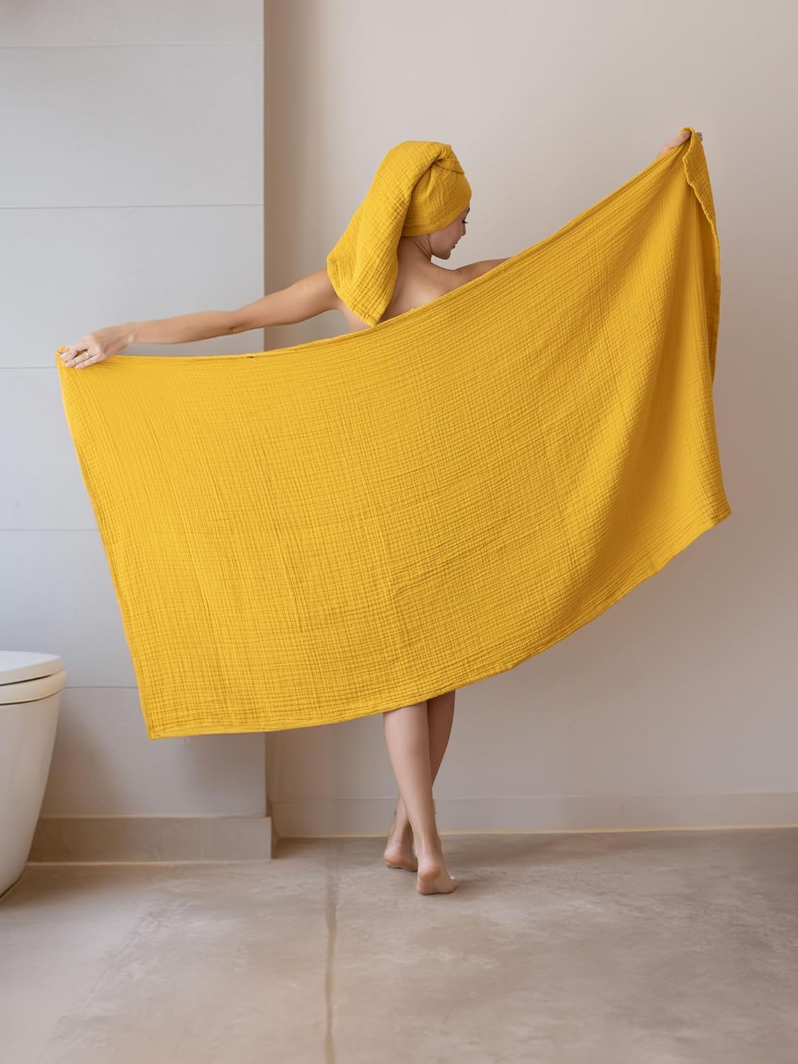Muslin Bath Towels Pack of 2-32"x67" Inch Large Size, 100% Turkish Cotton, Thin, Soft, Quick-Dry, Lint-Free, Muslin Bathroom Towels (Mustard, Pack of 2 Bath Towels)
