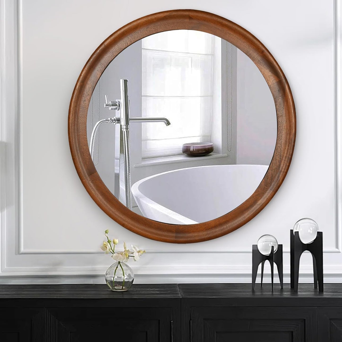 Round Wood Mirror for Wall,24 Inch Circle Decorative Mirror with Walnut Frame,Rustic Bathroom Hanging Vanity Mirror for Entryway,Bedroom or Living Room(Walnut Brown)