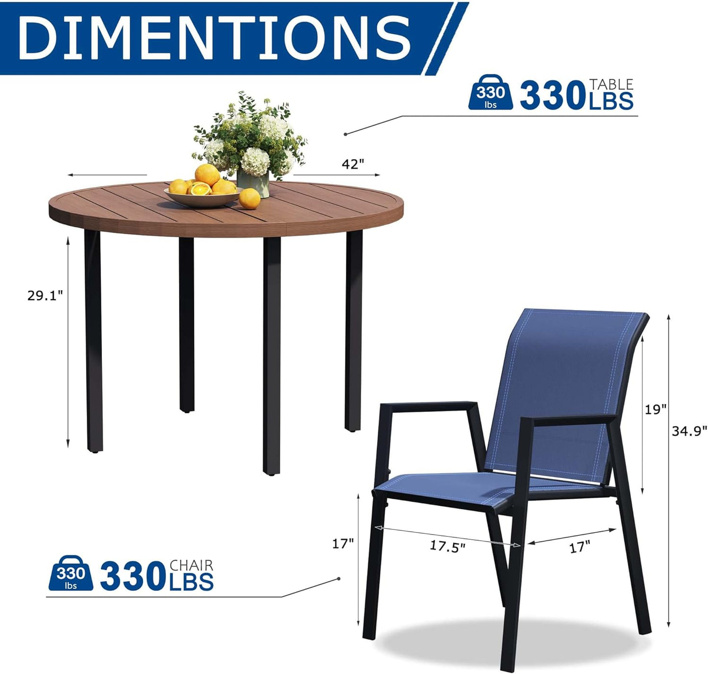 5 Piece Outdoor Dining Set, Patio Table and Chairs Set of 4, 42" Walnut Round Patio Table with 4 Blue Stackable Patio Chairs for Lawn, Garden, Porch