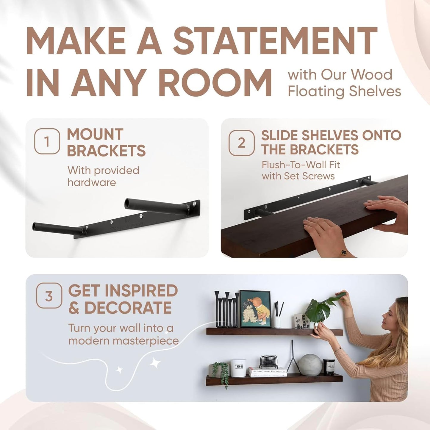 Homeforia Walnut 36 inch Floating Shelf, High End Solid Real Wood 36inch Large Shelves for Bathroom Wall, Dark Brown 36 inches Long Floating Shelves, Heavy Duty Bracket, 36 X 6.5 X 1.75 inch, Set of 4