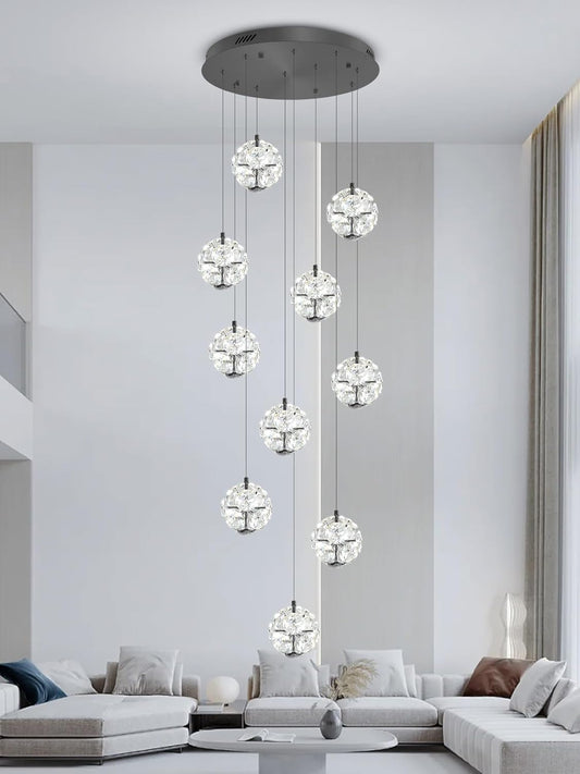 10-Light LED Staircase Chandelier Modern Pendant Light Black Crystal Globe Chandeliers Large Chandeliers for High Ceilings, Entryway Lighting Fixture Villas and Stairs