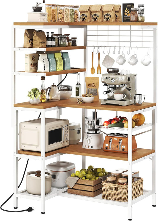 L-Shaped White Bakers Rack with Power Outlet, Kitchen Storage Rack with Hooks, Wire Shelf with Open Storage, Mesh Grid, Wire Basket