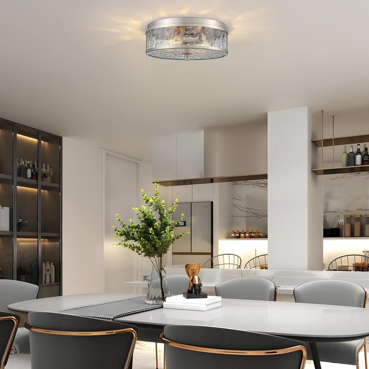 LamQee 12 Inch Flush Mount Ceiling Light with Crackled Glass Shade, 2-Lights Modern Farmhouse Close to Ceiling Lighting Fixture for Hallway Kitchen Bedroom Bathroom Foyer Entryway, Brushed Nickel