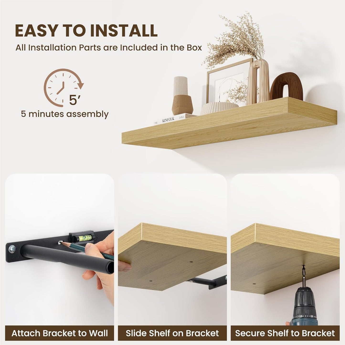 Fun Memories Floating Shelves for Wall - 10 x 16 Floating Shelf - Rustic Wood Storage Shelf - Wall Shelves with Invisible Bracket - 16" Bookshelves for Living Room & Bedroom - Oak - Set of 2