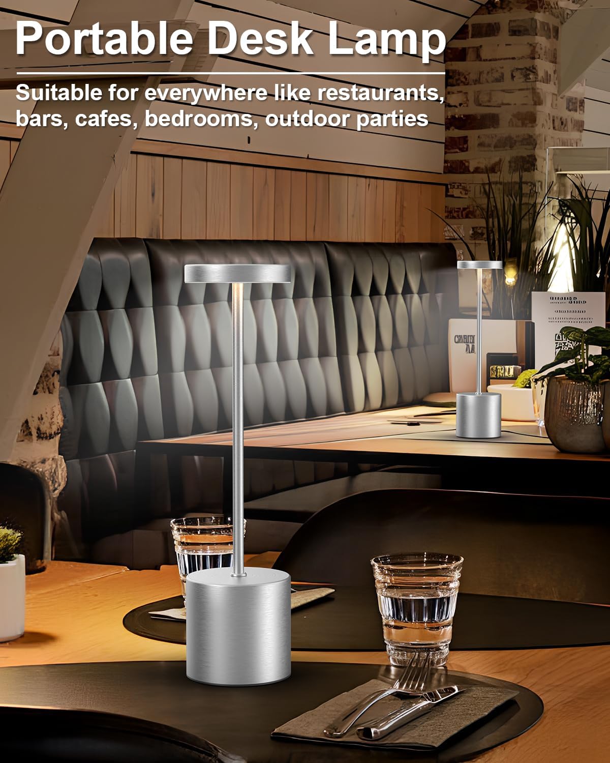 Cordless Table Lamp Set of 2, Rechargeable 5000mAh Battery Powered Outdoor Table Lamps(Silver)