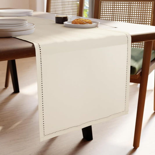 Encasa XO Dining Table Runner 16"x72" | Pure Cotton Hemstitched Design | Natural - Machine Washable