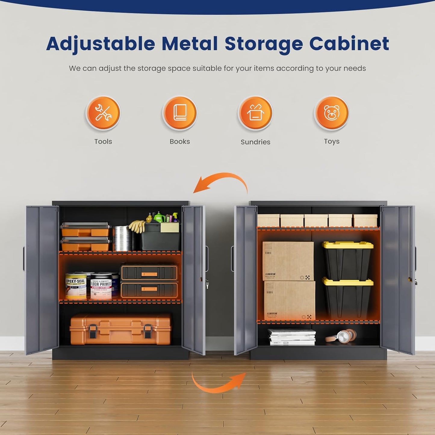 Yizosh Metal Garage Storage Cabinet with 2 Doors and 2 Adjustable Shelves - 35.5" Steel Lockable File Cabinet for Home Office,Garage,Gym,School（Gray Black）