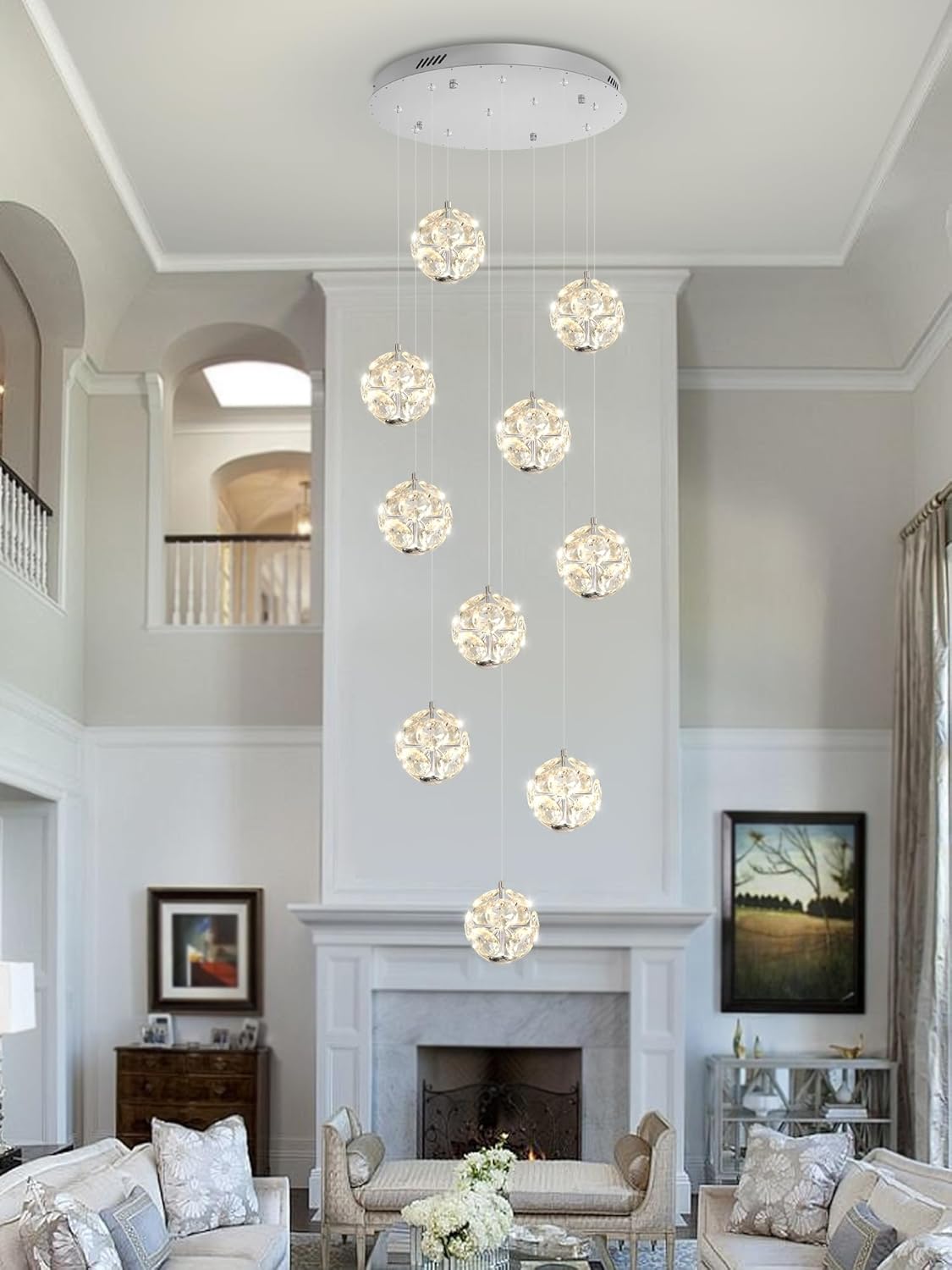 10-Light LED Staircase Modern Pendant Light Silver Crystal Ball Chandeliers Large Chandeliers for High Ceilings, Entryway Lighting Fixture Villas and Stairs