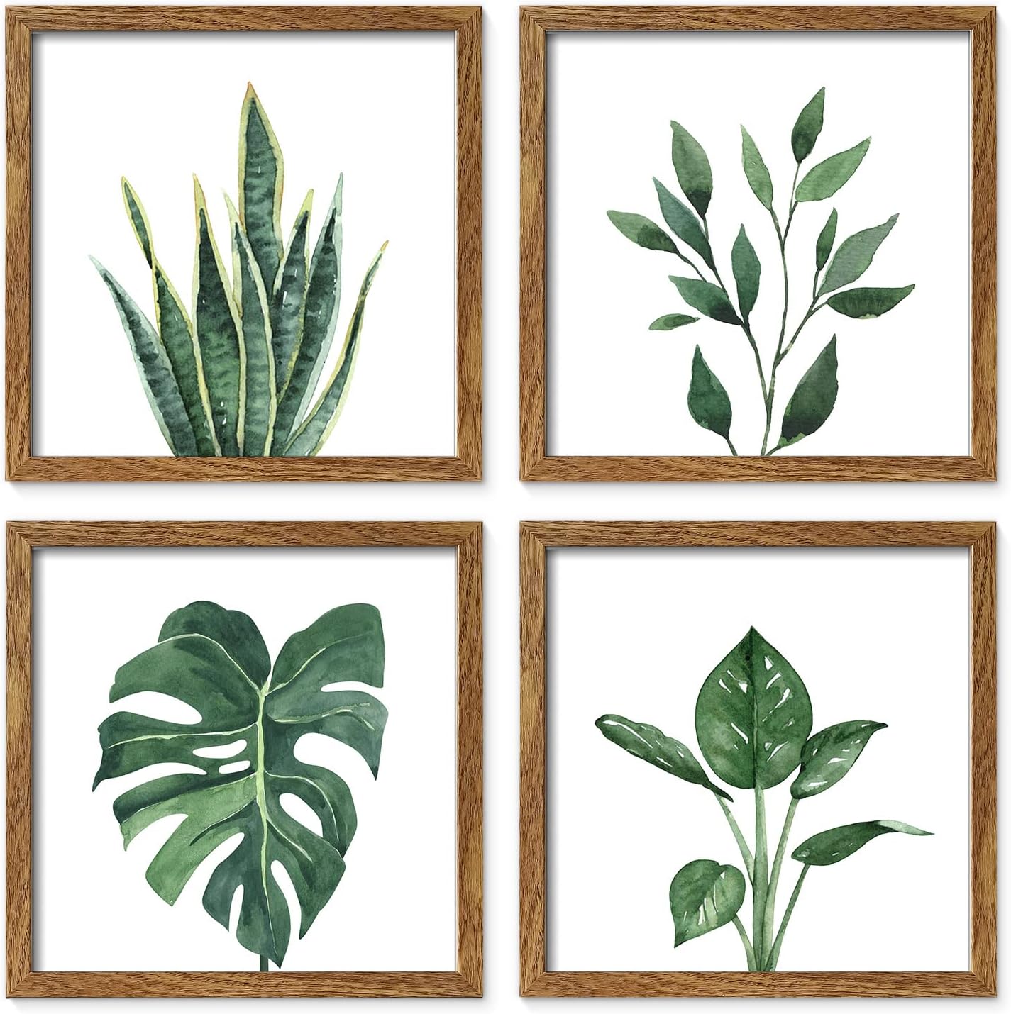 ArtbyHannah Framed Bathroom Wall Decor, 10x10 Inch Botanical Wall Art with Sage Green Plant Print for Wall Decoration, Minimalist Restroom Decor (Walnut)