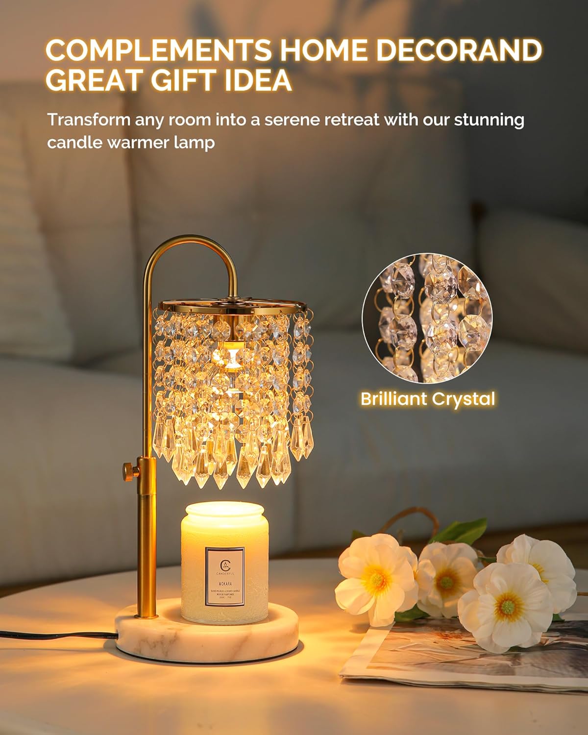Minimalist Crystal Candle Warmer with Timer Dimmer and 3 Bulbs, Adjustable Height Marble Base for Jar Candles, Ideal House Warming Gift