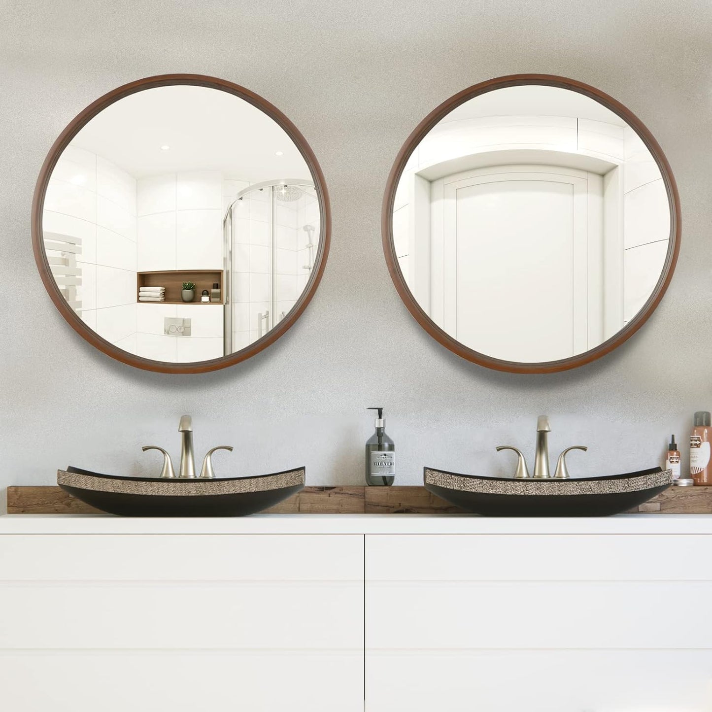 WallBeyond Circle Mirror with Wood Frame, 28" Round Modern Decoration Large Home Decor Mirror for Bathroom Living Room Bedroom Entryway (28" Diameter, Walnut)