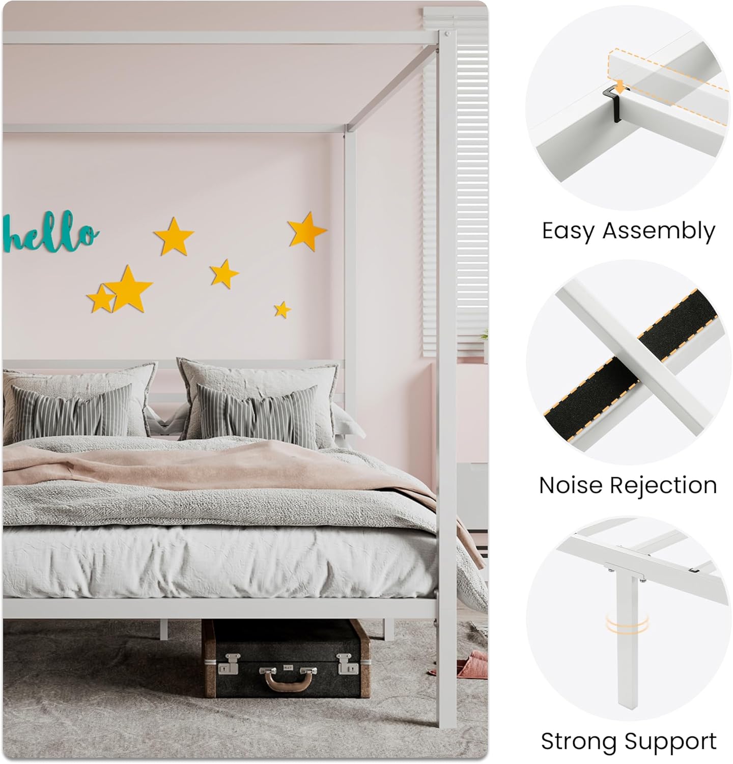 SHA CERLIN Metal Canopy Bed Frame Queen Size/Mattress Foundation with Metal Slats Support/No Box Spring Needed/Easy Assembly/White