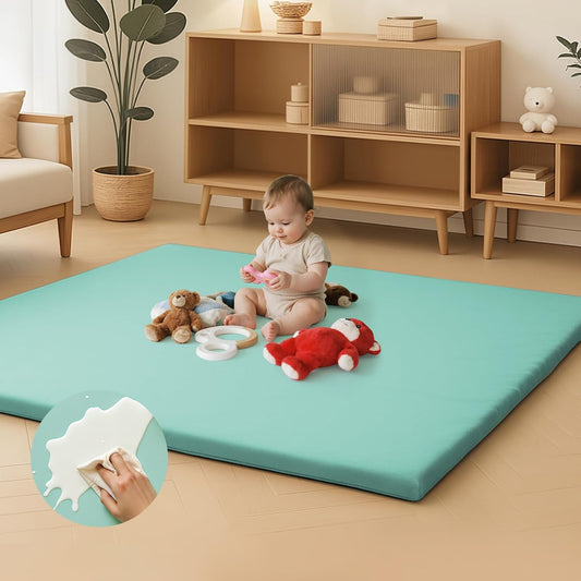 Inaya Baby Play Mat Vegan Leather 50x50”, Waterproof - Wipeable, Soft and Thick Foam Cushioned Floor Mat for Babies and Toddlers, Ideal for Crawling, Tummy Time, Playpen & Diaper Change, Stylish Green
