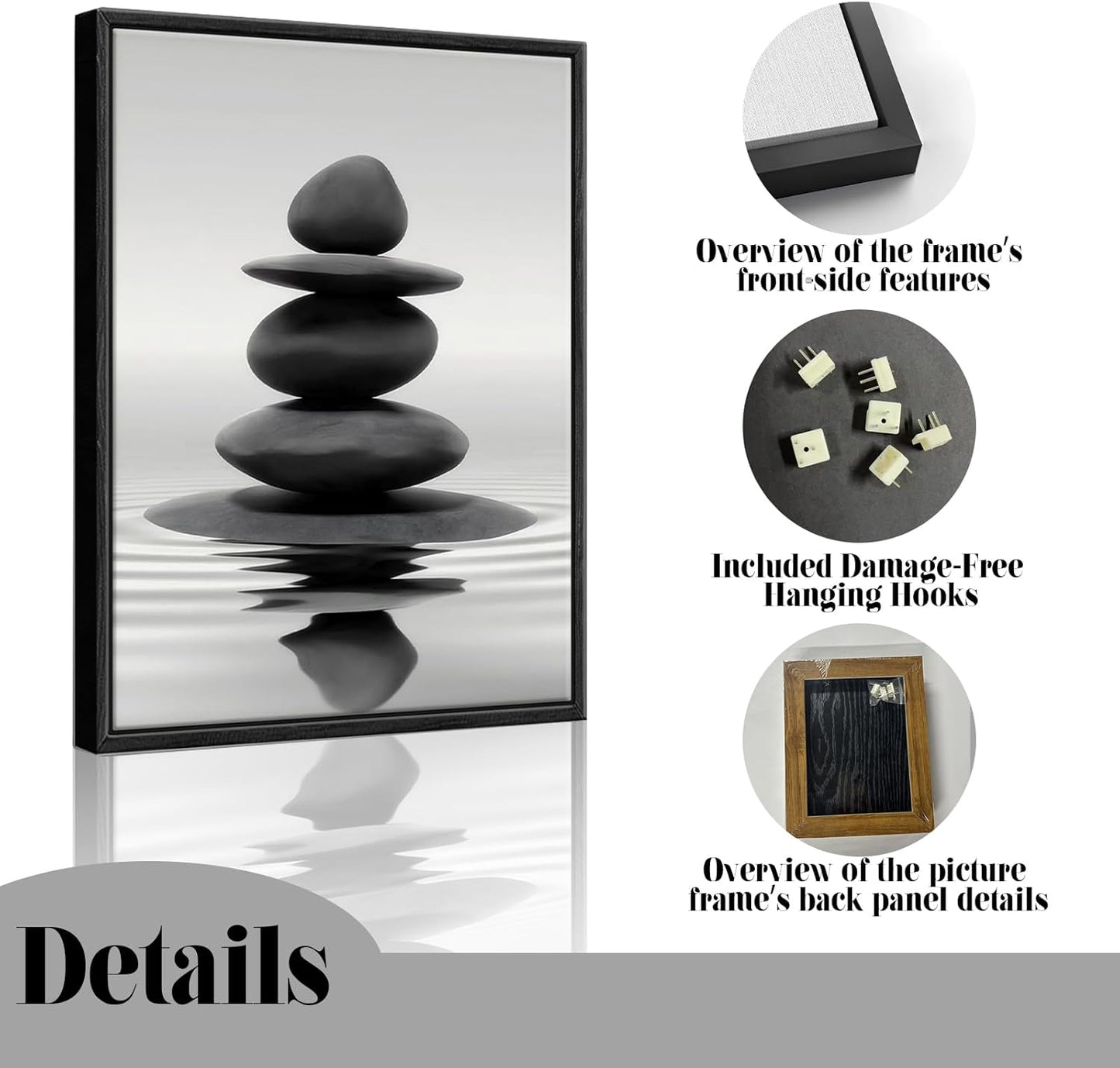 DCMVJHZV Framed Black and White Bathroom Wall Art Zen Stones in the water Bathroom Wall Art Yoga Meditation Picture Wall Decor Spa Room Bedroom Living Room Wall Painting Print (12"x16")