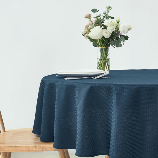 maxmill Round Weaved Texture Design Tablecloth Spill-Proof Wrinkle Free Soft Washable Table Cloth for Circular Table Cover, for Dining Room Buffet Banquet Parties Holiday Dinner, 90 Inch Navy Blue