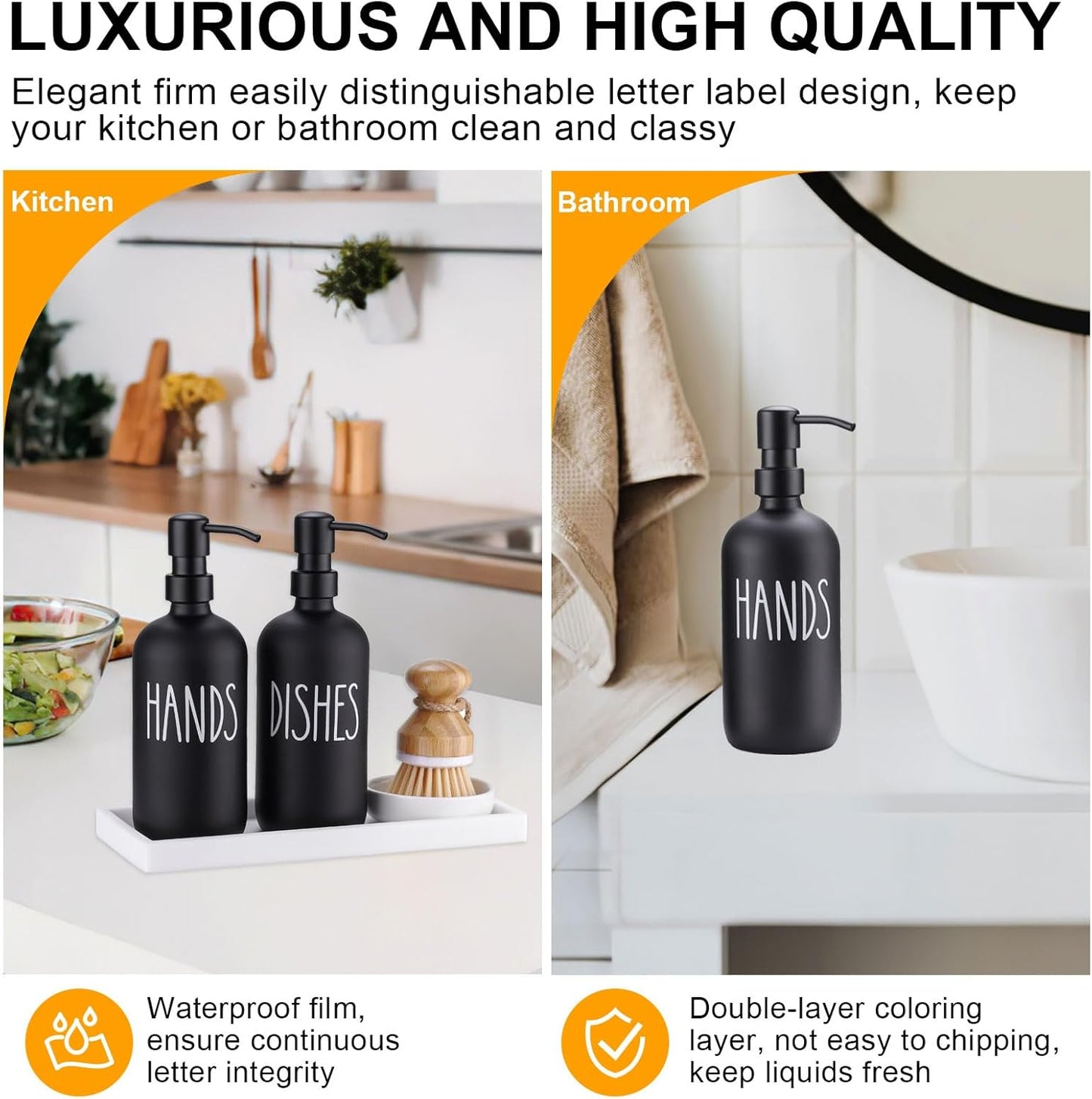 Glass Soap Dispenser for Kitchen,Farmhouse Dish &Hand Soap Dispenser Set, Rustproof Pump with Tray and Dish Brush,Kitchen Decor（Black）