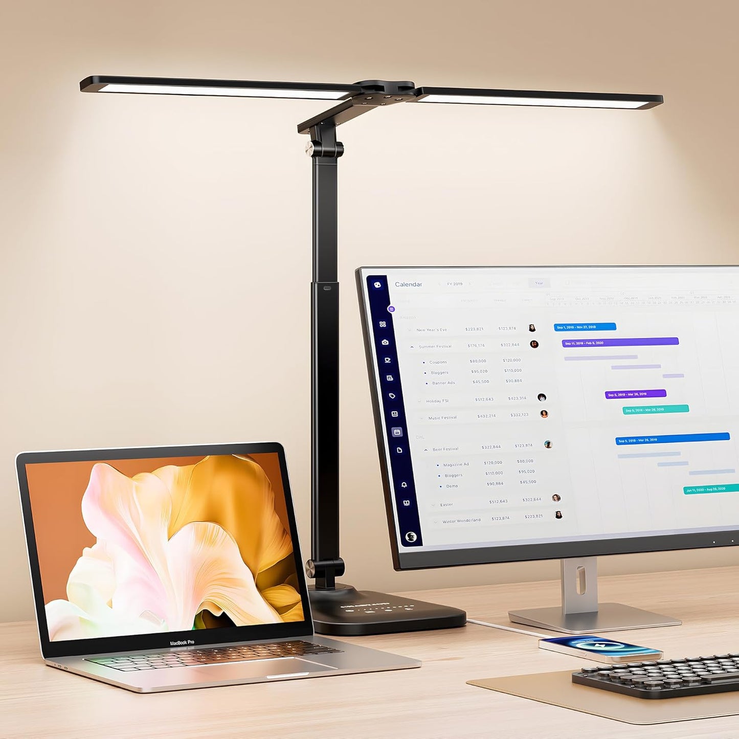LED Desk Lamp for Office Home, Height Adjustable Architect Desk Light with USB Adapter, Stepless Dimming Table Lamp Light for Reading, Study, Workbench