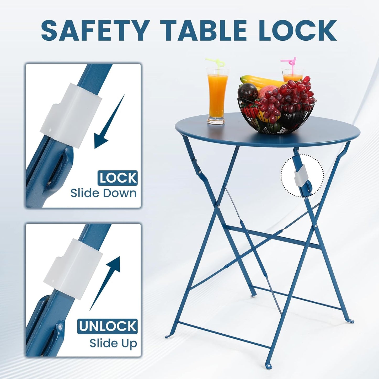 Kromax Outdoor 3 Piece Patio Bistro Set, Folding Bistro Table and 2 Folding Chairs, Patio Conversation Furniture Set, Space Saving, Blue