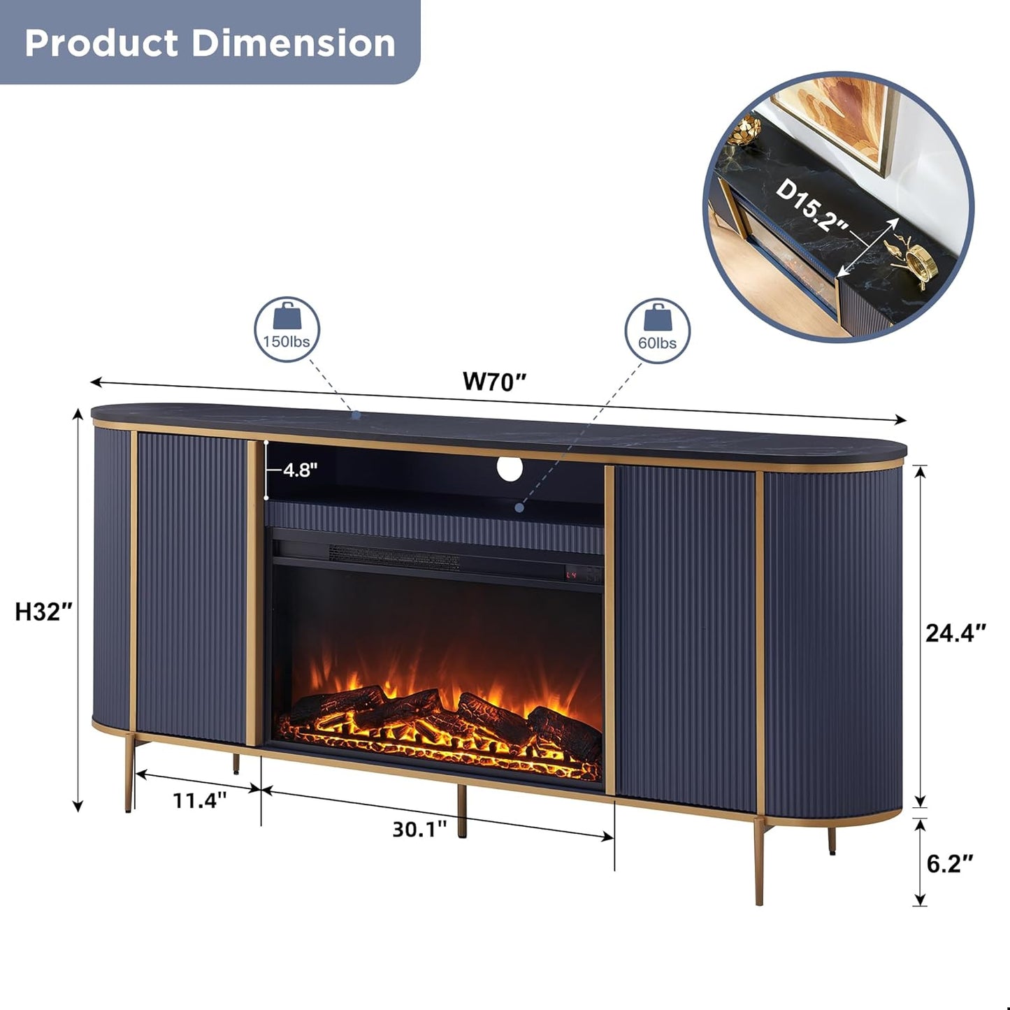 OKD Luxury 70" Fluted Fireplace TV Stand, Modern Chic Entertainment Center for TVs Up to 80 inches, TV Console with Faux Marble Top, Curved Profile Design, Media Console for Living Room, Navy Blue