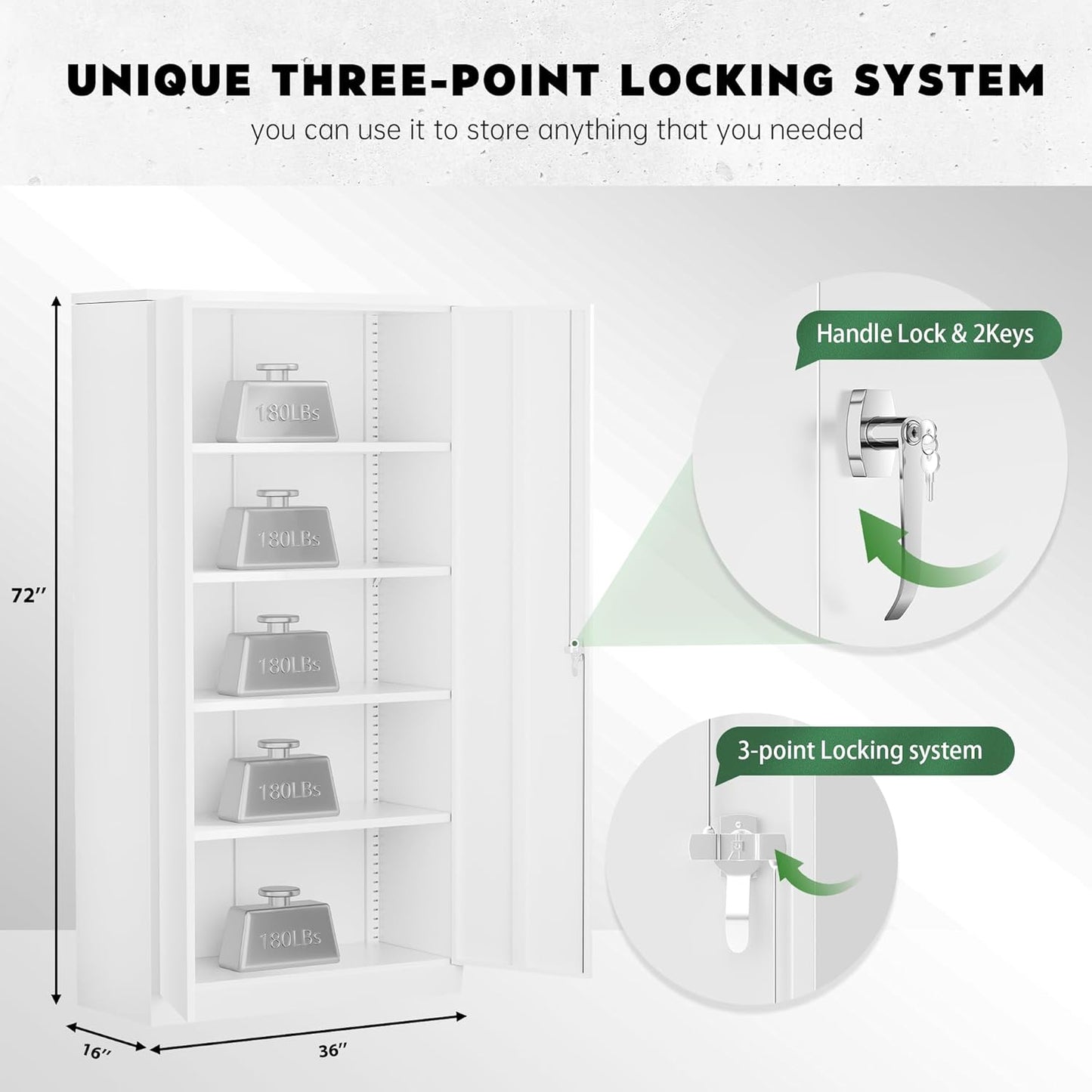 Greenvelly Metal Garage Storage Cabinet,Steel Lockable Storage Cabinet with 2 Doors and 4 Adjustable Shelves,Tall Metal Cabinet Locking File Cabinet for Office,Home, Garage, Gym, School