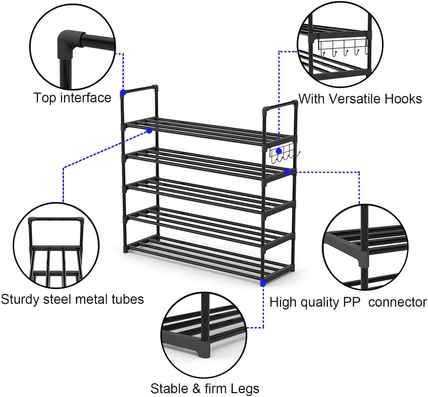 5 Tiers Metal Shoe Rack,Adjustable Shoe Shelf Storage Organizer with Hooks,Stackable Boot & Shoe Storage,for Entryway,Hallway,Closet,Black