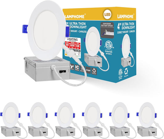 LAMPHOME 6-Pack of 4-Inch Slim LED Recessed Lights with Junction Box, Adjustable Color Temperatures (2700K-5000K), 9W Equivalent to 75W, Dimmable, 950LM Brightness - ETL and Energy Star Certified