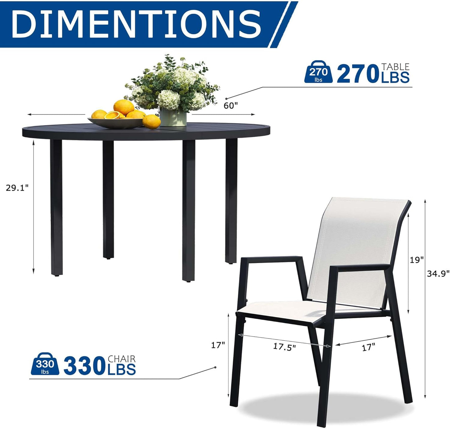 9 Piece Outdoor Dining Set, Patio Table and Chairs Set of 8, 60" Black Round Patio Table with 8 Oyster Beige Stackable Patio Chairs for Lawn, Garden, Porch