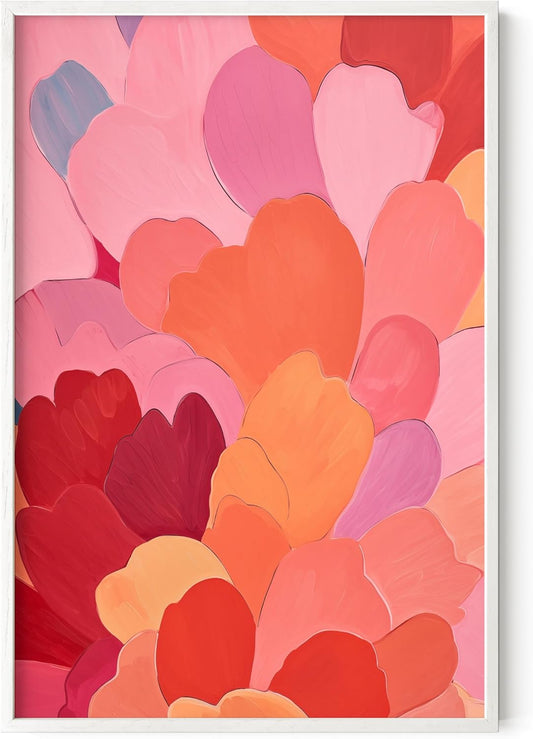 HAUS AND HUES Colorful Abstract Wall Art - Minimalist Retro Picture for Living Room Decor, Red and Pink Modern Wall Art Painting (Petals 1, White Frame, 24x36)