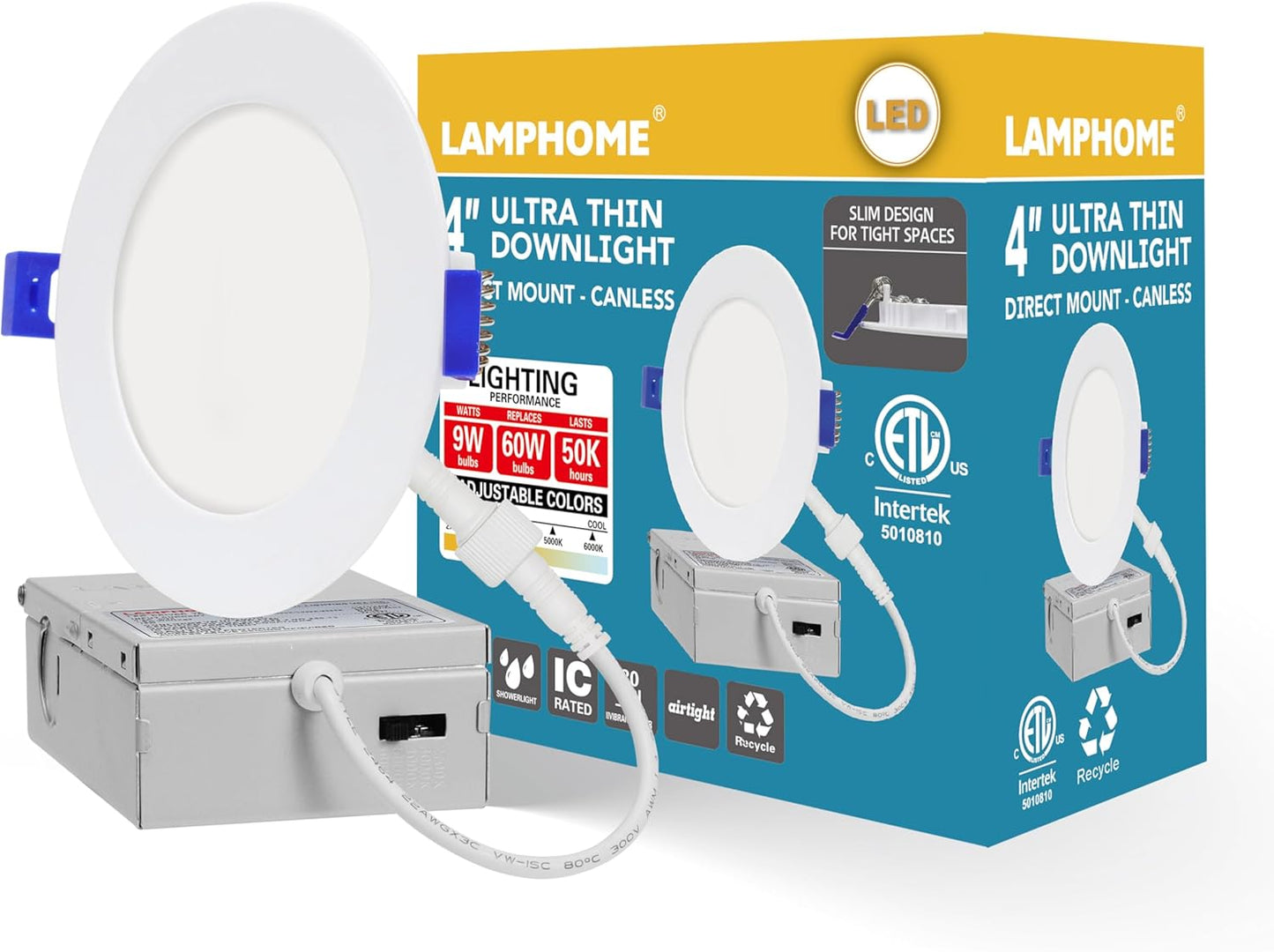 LAMPHOME 1-Pack of 4-Inch Slim LED Recessed Lights with Junction Box, Adjustable Color Temperatures (2700K-5000K), 9W Equivalent to 75W, Dimmable, 950LM Brightness - ETL and Energy Star Certified