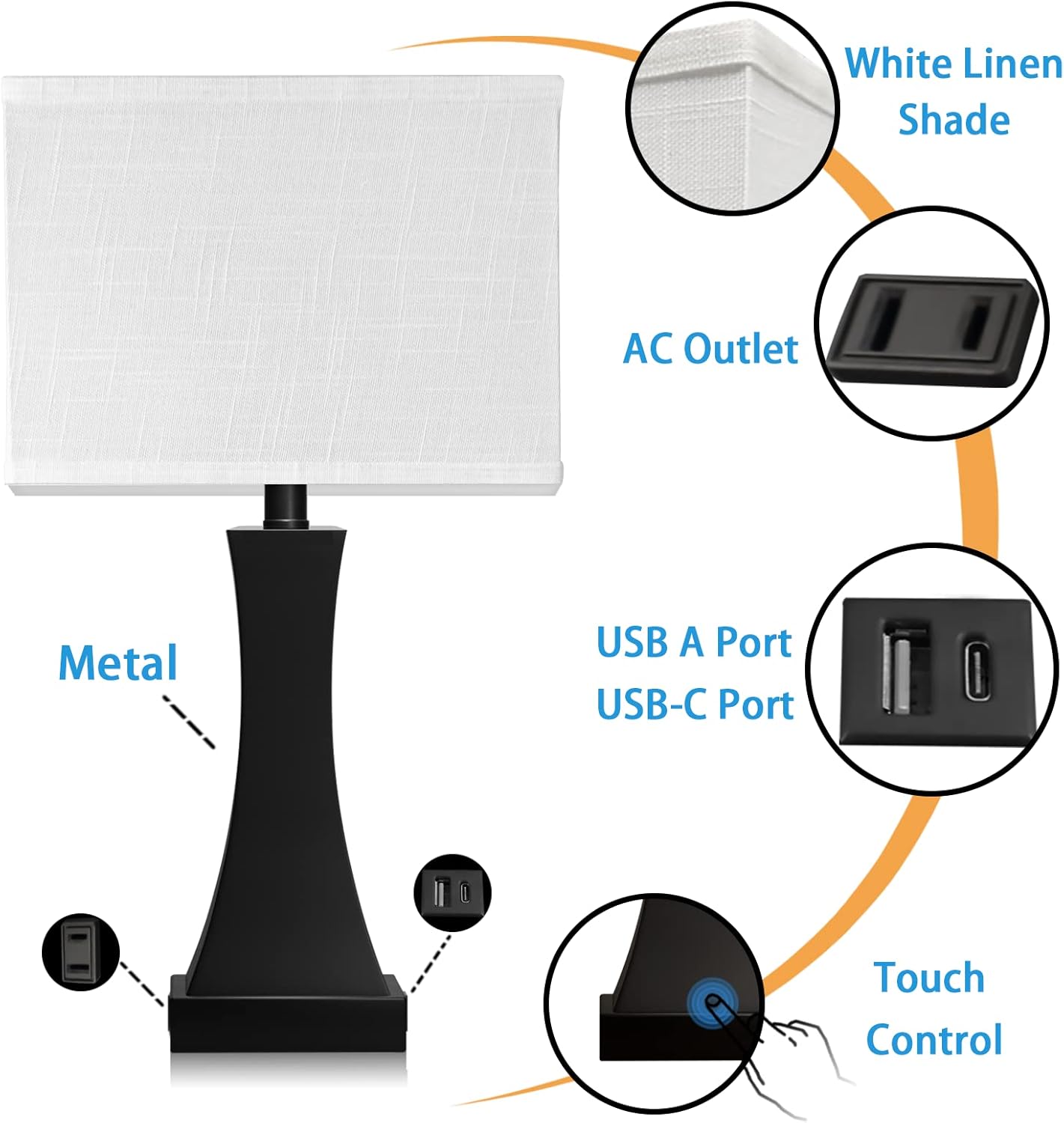 Table Lamp for Bedroom 3-Way Dimmable Touch Control Bedside Lamp with USB A+C Port & AC Outlet 21.6" Tall Nightstand Lamp for Living Room Office and Hotel Bulb Included