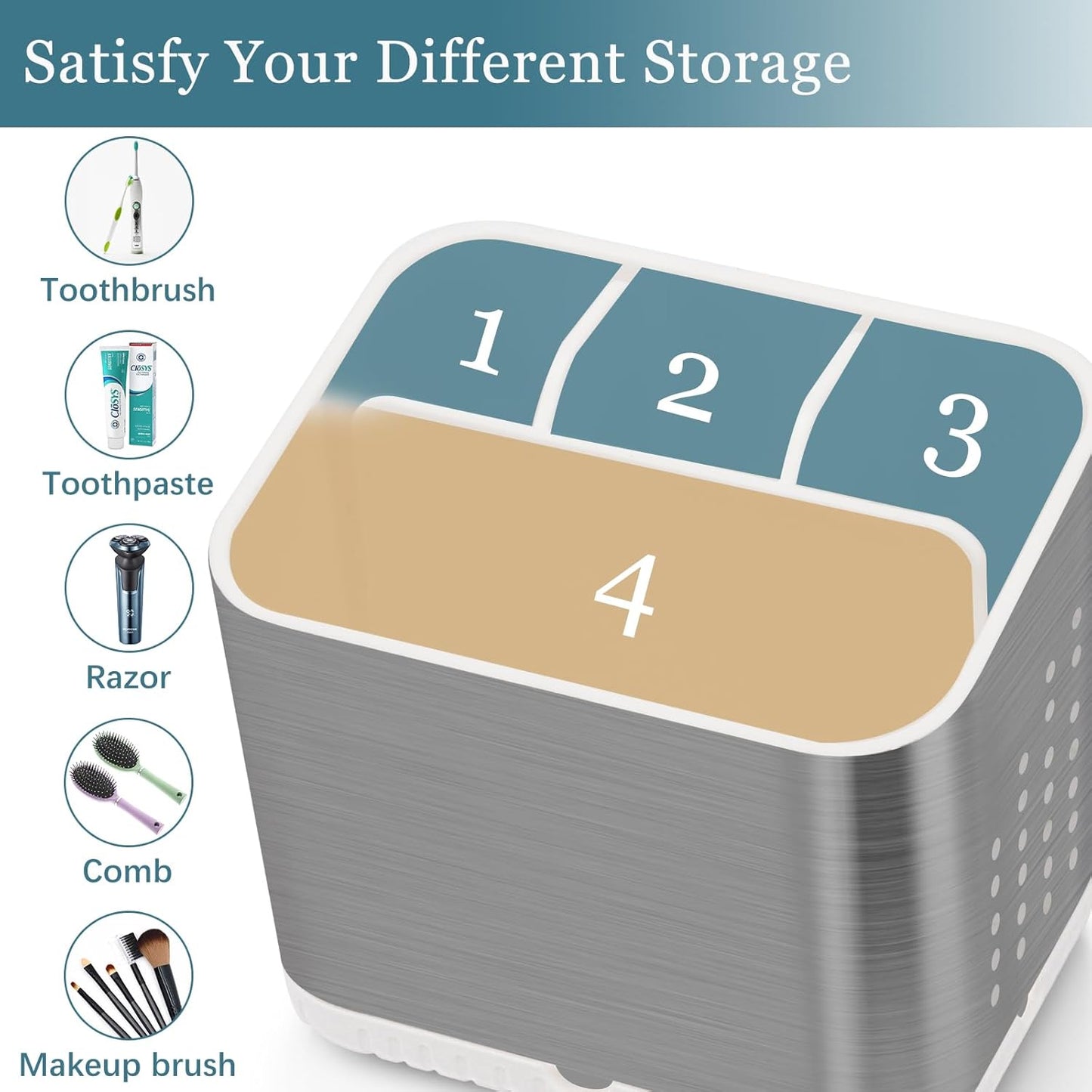 Toothbrush Holders for Bathrooms, Kids Electric Toothbrush and Toothpaste Holder, Brushed Nickel Toothbrush Caddy, Tooth Brushing Stand for Bathroom Organizer Countertop (Brushed Silver)