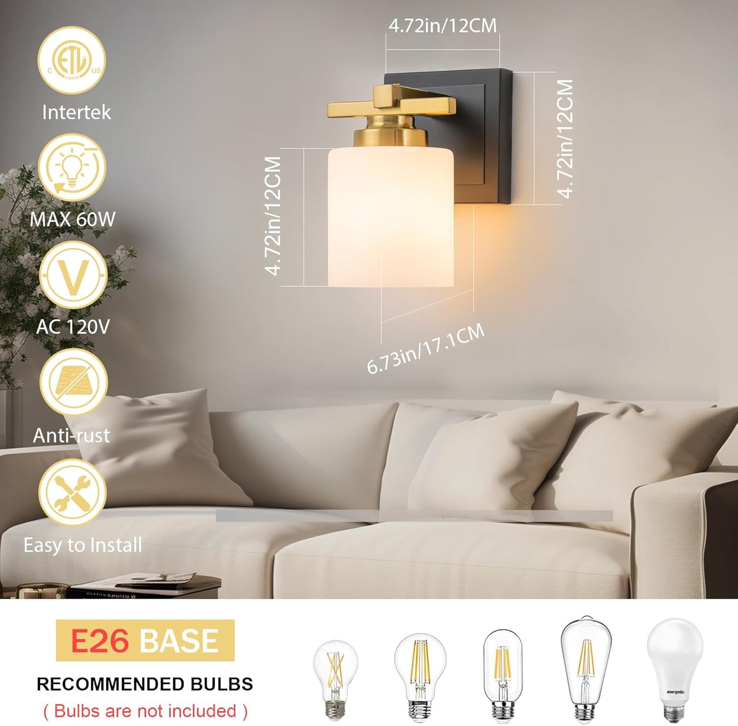 1 Light Modern Bathroom Light Fixtures Over Mirror, Black Gold Vanity Lights for Bathroom Wall Sconces with Milky White Glass Shades, E26 Socket (Bulbs Not Included)