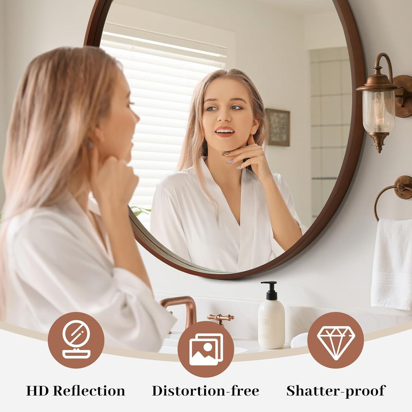 WallBeyond Round Wood Mirror, 36" Round Modern Decoration Large Circle Wall Mirror for Bathroom Living Room Bedroom Entryway, Walnut