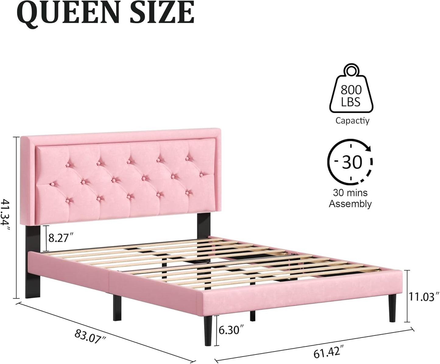 Queen Size Platform Bed Frame with Upholstered Velvet Button Tufted Headboard, Mattress Foundation with Wooden Slat Support, No Box Spring Needed, Easy Assembly, Noise Free, Pink