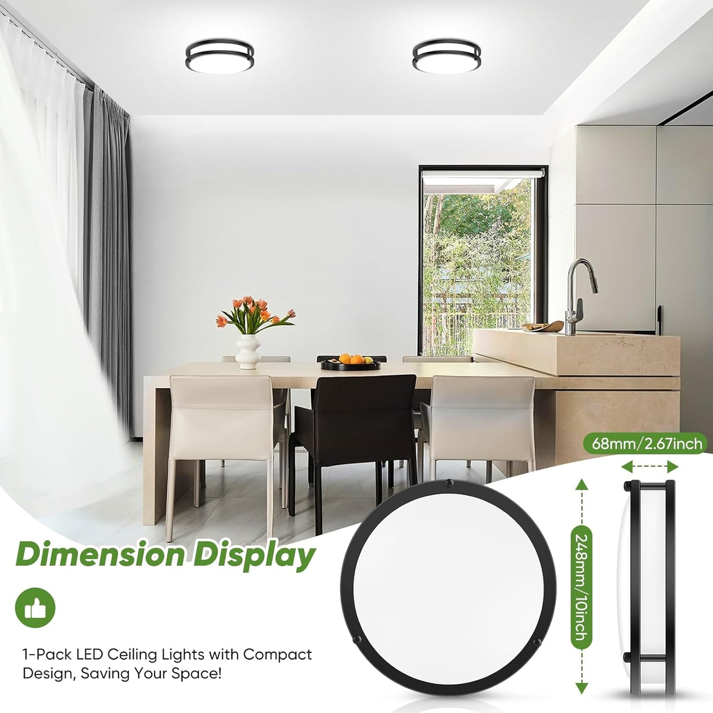 10 Inch LED Flush Mount Ceiling Light, Black Kitchen Lighting Fixture with 2700K/3000K/4000K/5000K/6500K 5 Color Adjusted, Dimmable Modern Round LED Light for Bedroom Living Room Laundry, 1-Pack