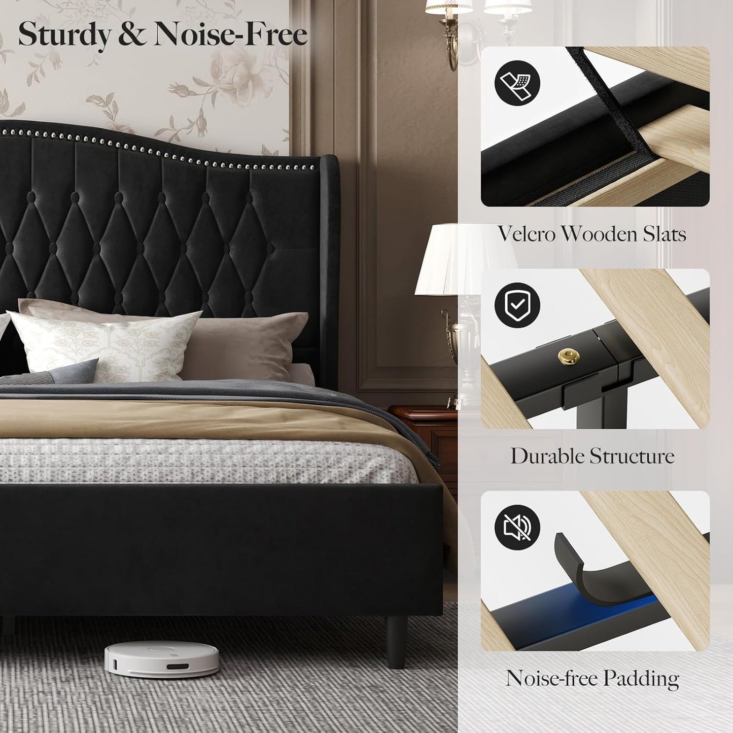Belffin King Bed Frame and Headboard, Luxury Upholstered Velvet Platform Bed with Wingback, Button Tufted & Nailhead Trim, Anti-Slide Tall Footboard, No Box Spring Needed, Noise-Free, Black