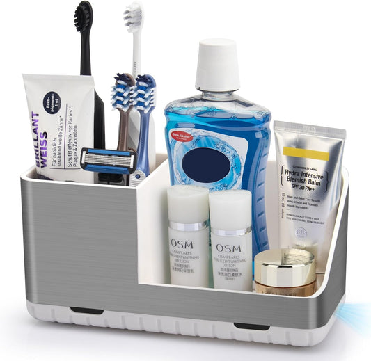 Toothbrush Holders for Bathroom Countertop Organizer, Brushed Nickel Tooth Brush Holder, Kids Electric Toothbrush and Toothpaste Holder with Drainage (Brushed Silver)