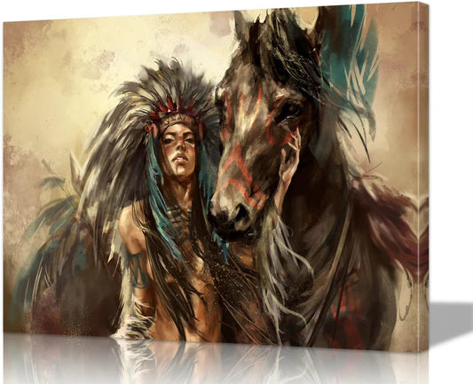 Mistyefly Framed Canvas Wall Art - Indian Girl (16''Hx24''W) - Native American Art - Earthy Tones, Multicolor - Living Room, Bedroom, Office, Hallway