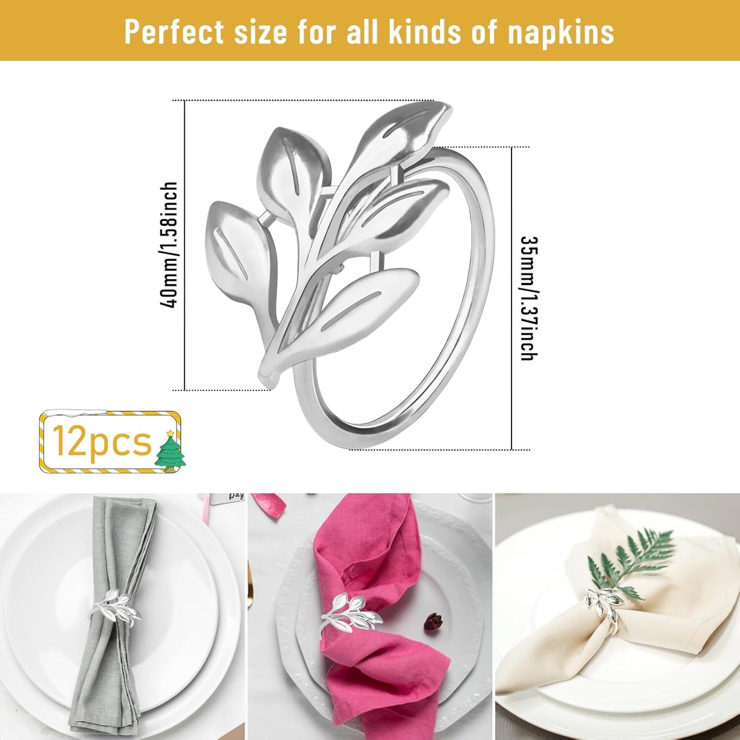Legigo Sliver Napkin Rings Set of 12, Metal Leaf Napkin Ring Holders for Cloth Napkins, Fall Napkin Ring Buckles Bulk for Wedding Receptions, Christmas Thanksgiving Holiday Party Dinner Table Settings