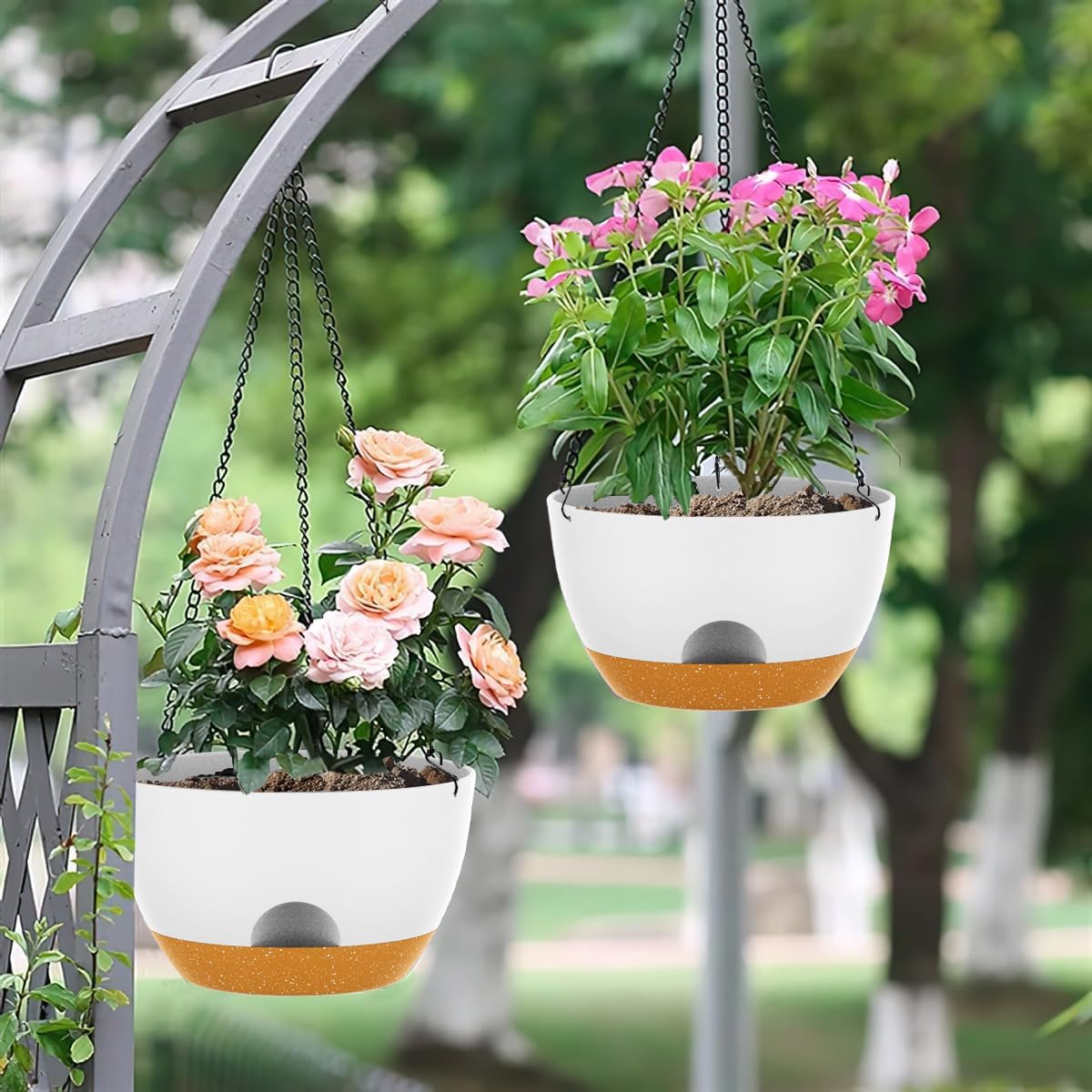 10 Inch Hanging Baskets 2 PC with Chains, Self-Watering Hanging Planters for Indoor Outdoor Plants, Plastic Hanging Flower Pots,White Brown