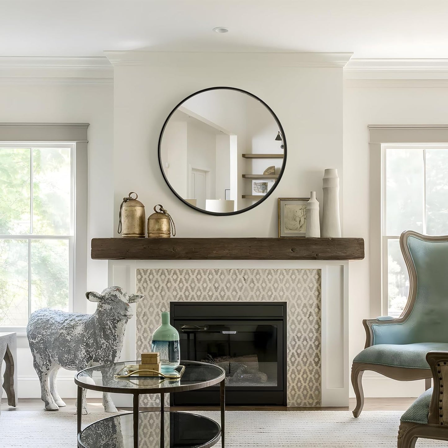 WallBeyond Round Wood Mirror, 32" Round Modern Decoration Large Circle Wall Mirror for Bathroom Living Room Bedroom Entryway, Black