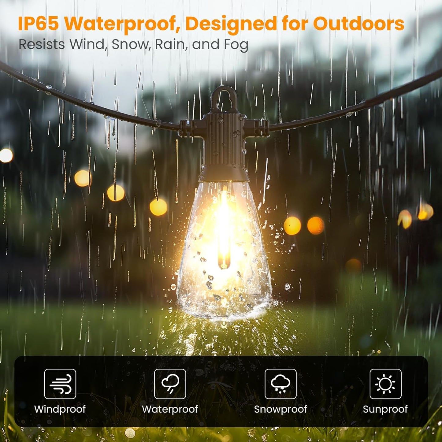 Kawaya Outdoor String Lights for Patio - ST38 Outside IP64 Waterproof Hanging Light with 2700k~6000k Dimmable - 100FT Led Edison Lights for Cafe Bistro Yard Gazebo Porch