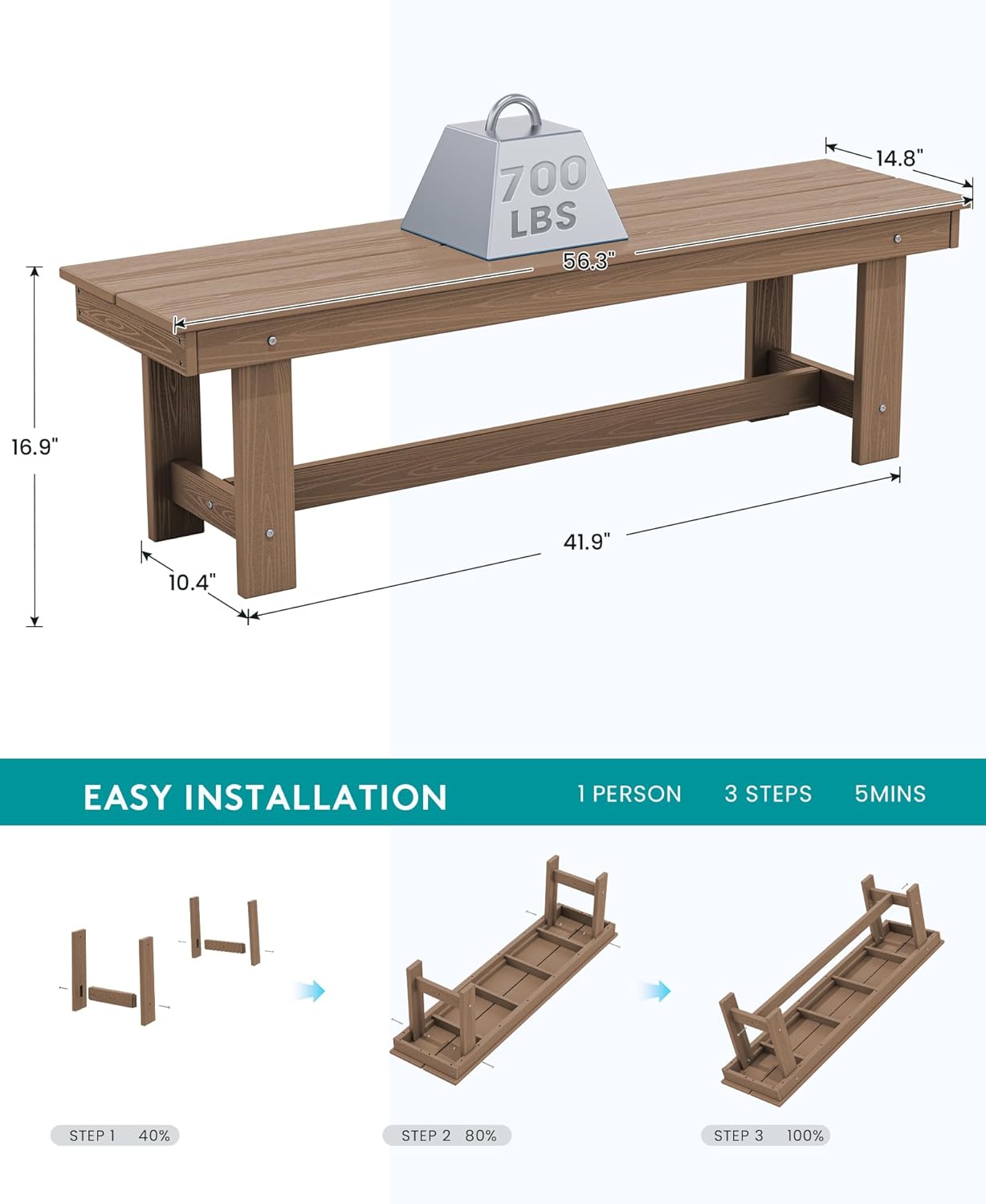 SERWALL Outdoor Dining Set for 6, HDPE Furniture with Umbrella Hole & Bench & Chairs, All Weather, Brown