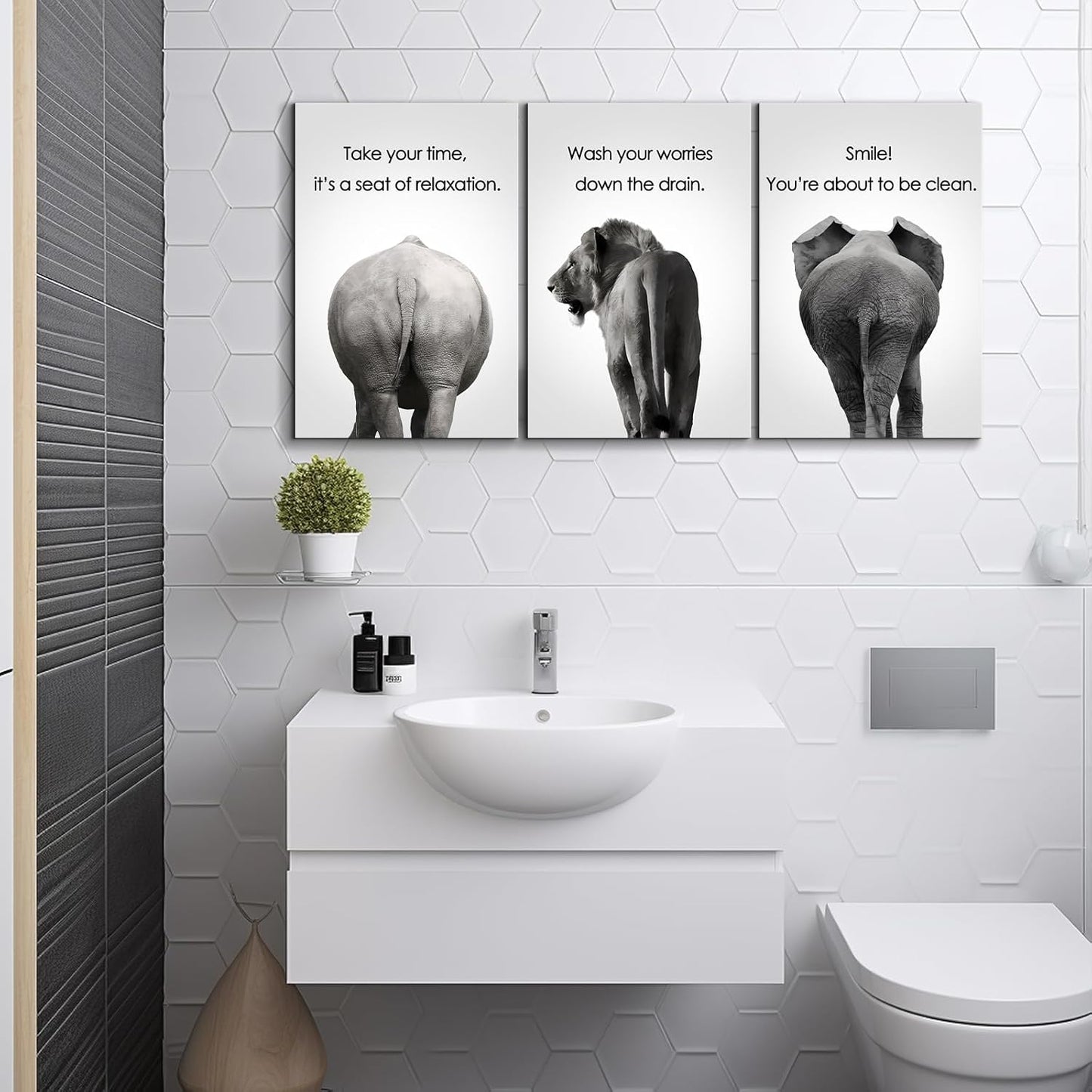 Mistyefly 3 Pieces Bathroom Wall Art - Funny African Animal Canvas With Quotes for Decor (20"Wx28"Hx3PCS)