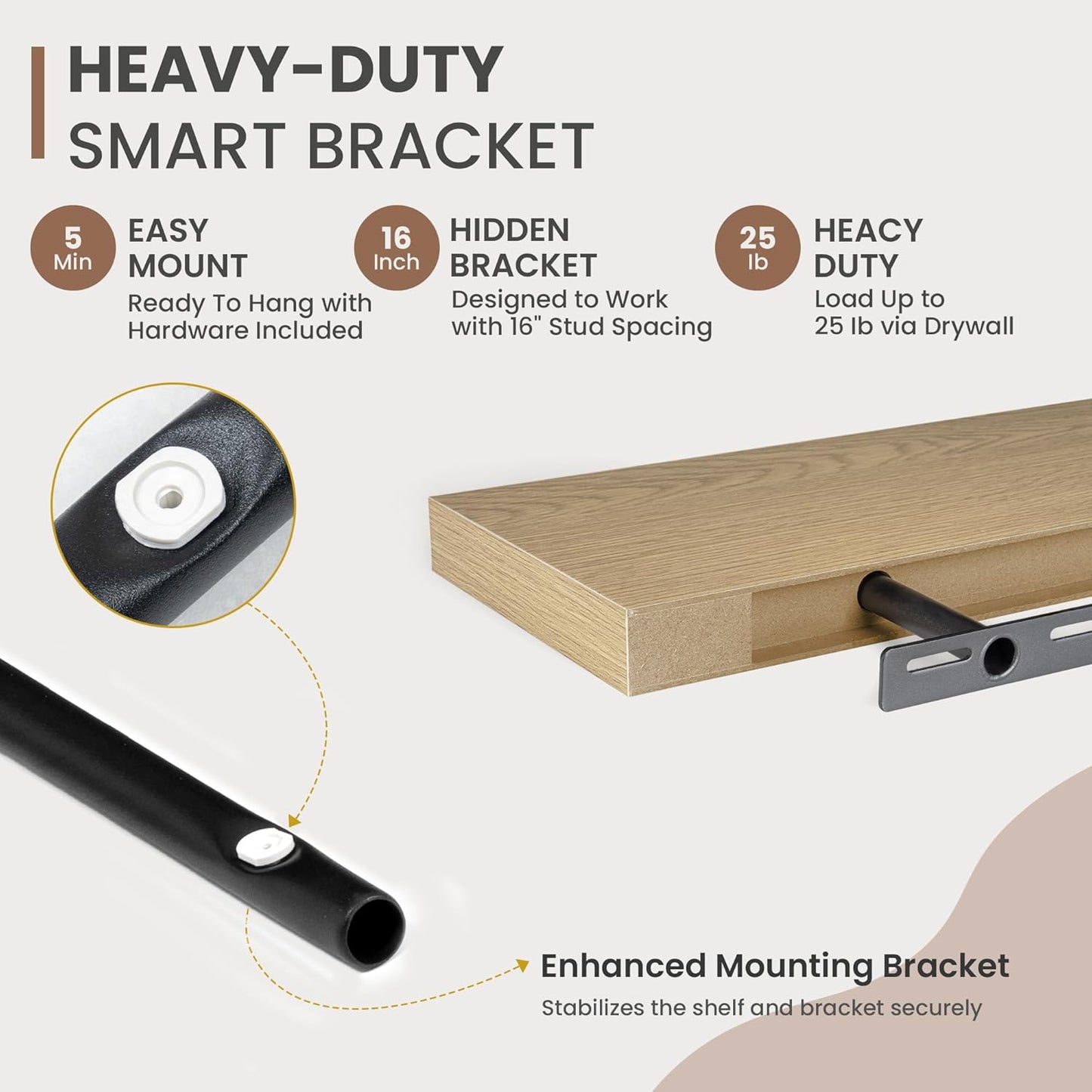 16 Inch Floating Shelves, 8 Inch Deep Floating Shelves for Wall, Hanging Shelf with Invisible Brackets, Deep Shelves for Bathroom, Bedroom, Living Room, Oak, Set of 2