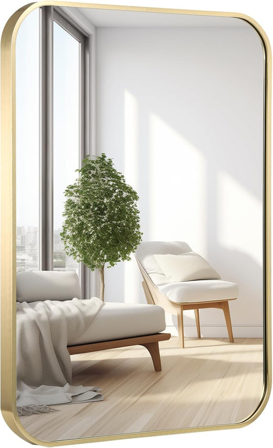 16x24 Inch Bathroom Mirror for Wall,Gold Framed Rectangle Mirror with Rounded Corner,Aluminum Alloy Framed Brushed Wall Mirror for Bedroom or Living Room,Vertical or Horizontal