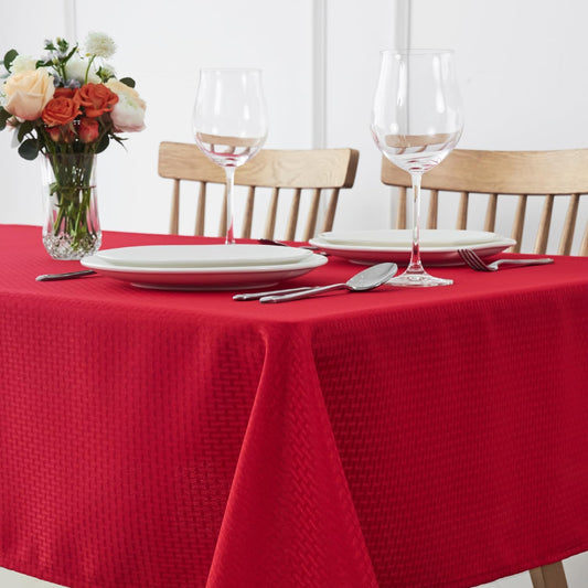 maxmill Rectangle Tablecloth Weaved Design Water Resistant Wrinkle Free Spill-Proof Soft Table Cloth for Dining Room Decoration, Banquet, Christmas Holiday Dinner, 52 x 84 Inch, Red